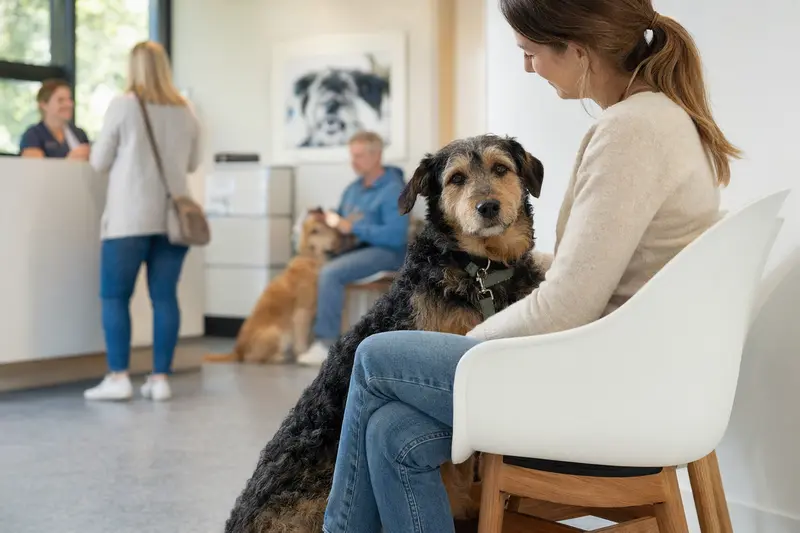 Ein ruhiger Hund sitzt neben seinem Besitzer im hellen Wartezimmer einer modernen Tierarztpraxis.
